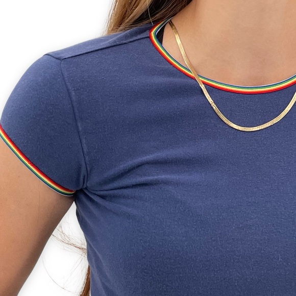 Vintage 2001 Old Navy Cropped Baby Tee Rainbow Stripe Trim Navy Blue | XXS/XS - Picture 5 of 9